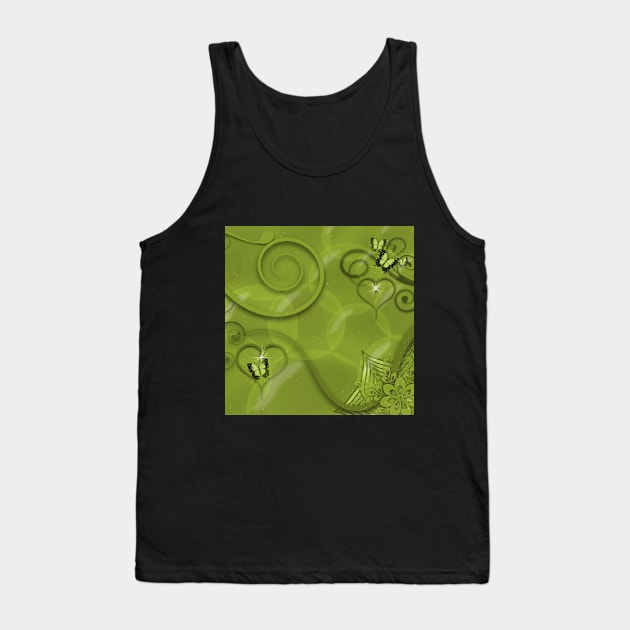 Hearts Twinkling, Vines Creeping, Butterflies Flying, Bubbles Floating , Flowers & Leaves in a Fantasy World of Green Tank Top by karenmcfarland13